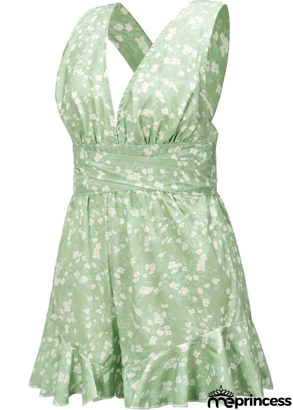 Summer Casual Floral Green Deep-V Sleeveless Ruffles Rompers