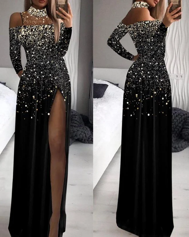 Ueong Station Shiny Gold Printed Long-Sleeved High-Collar Mesh Stitched High Fork Dress Dress