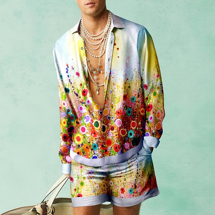 Thoval Fashion 3D Print Two Piece Set Men Long Sleeve Lapel Shirts And Shorts Casual Loose Suits Summer Hawaiian Beach Outfits Male