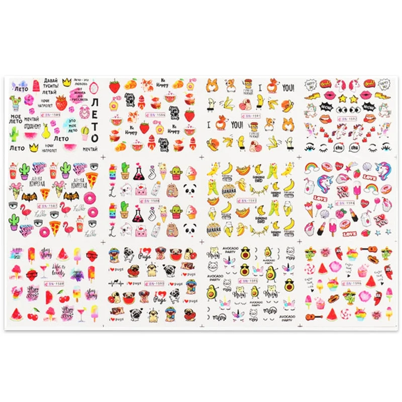 12pcs Avocado Nail Stickers Cute Cartoon Water Transfer Sliders For Nails Anime Dog Cat Decals Tattoo For Manicure BN 1585-1596-Nail Inspo