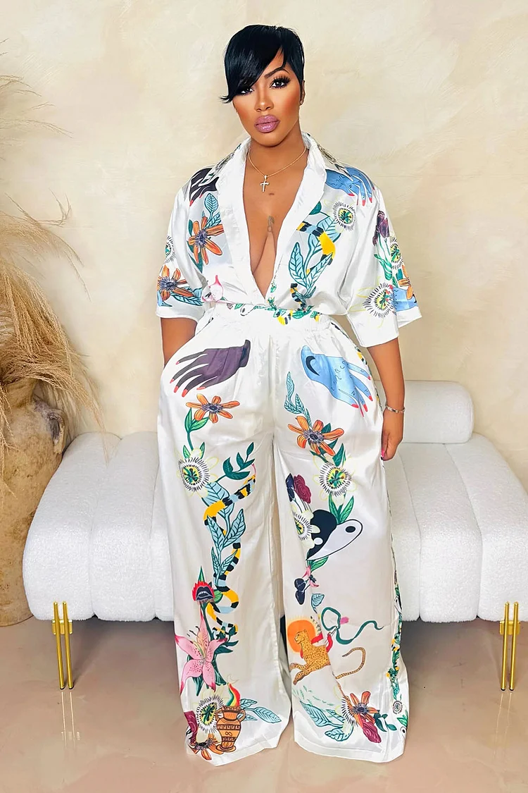 3/4 Sleeve Blouse Floral Print Wide Leg Pants 2pcs Set-White [Pre Order]
