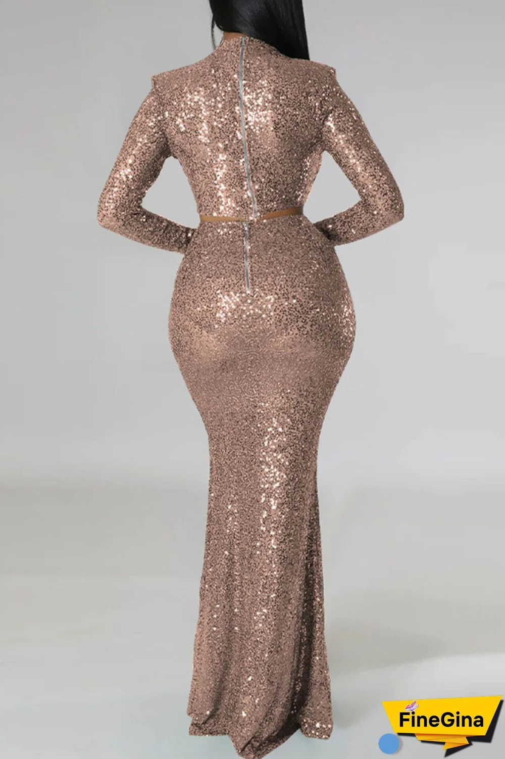 Champagne Sexy Solid Sequins Patchwork O Neck Long Sleeve Two Pieces