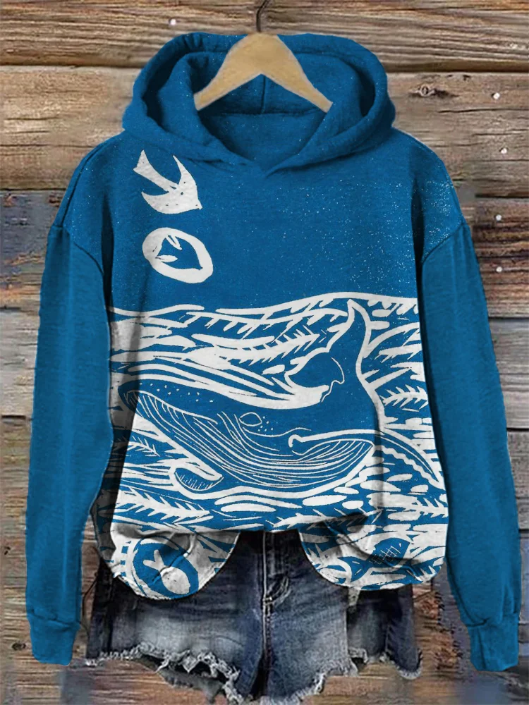 Whale & Ocean Japanese Lino Art Cozy Hoodie