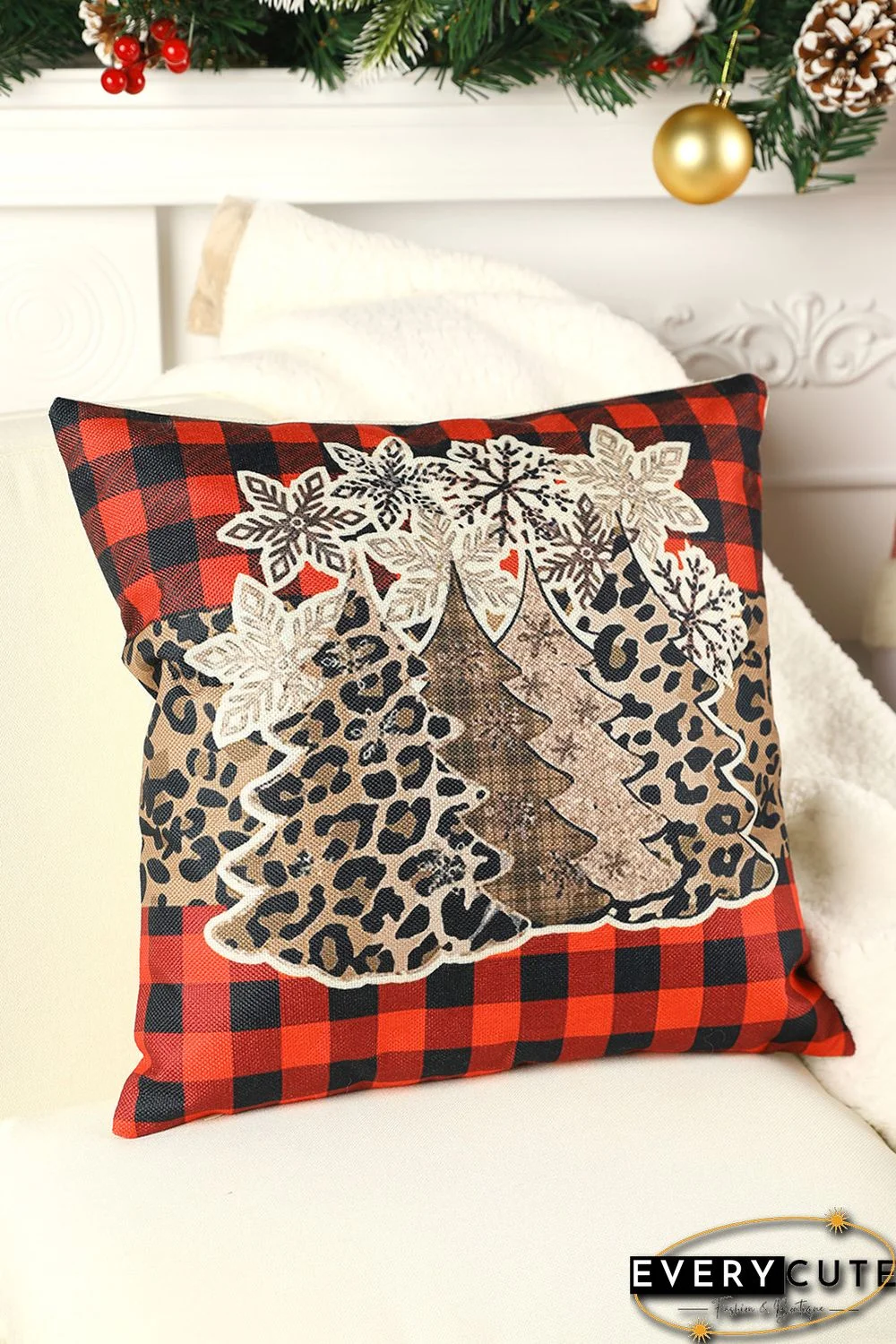 Red Christmas Snowflake Leopard Tree Shining Plaid Pillow Cover