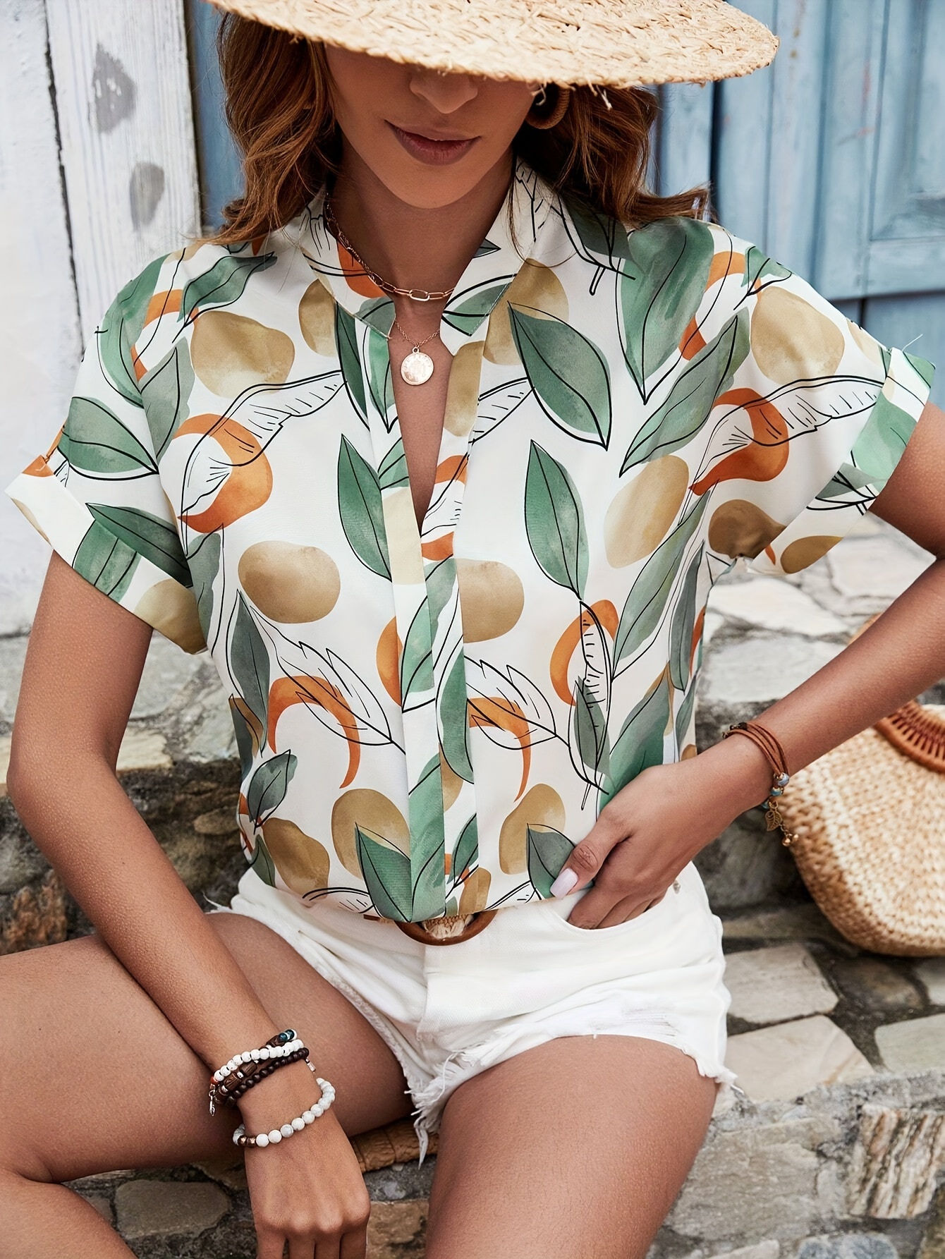 Women's Batwing Sleeve Short-Sleeve Shirt With Plant Print | IFYHOME