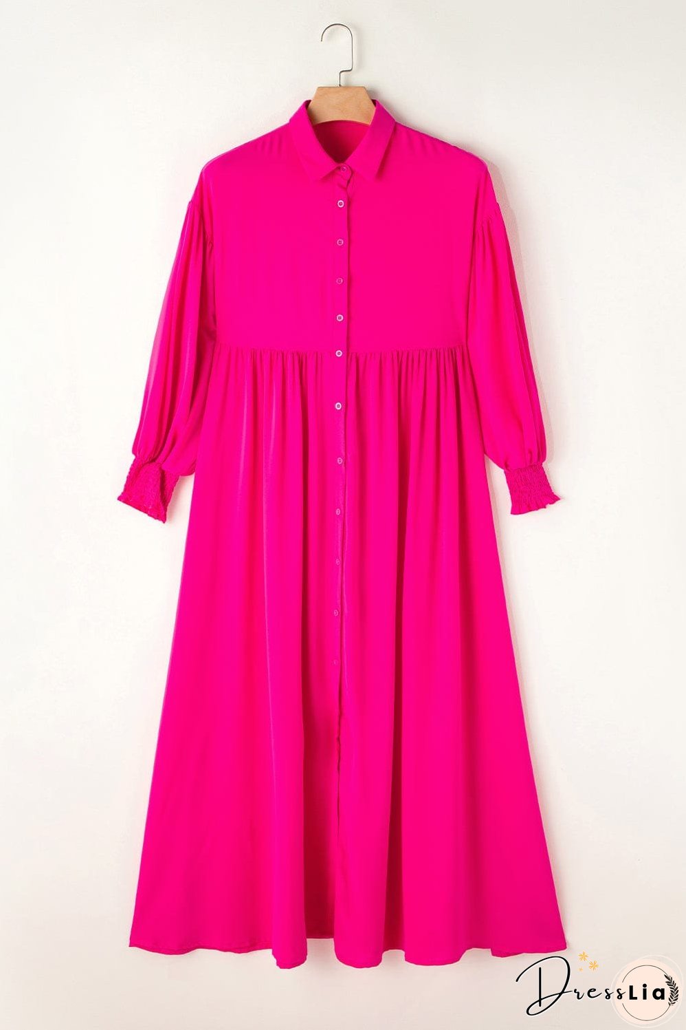 Elegant Rose Balloon Sleeve Maxi Shirt Dress