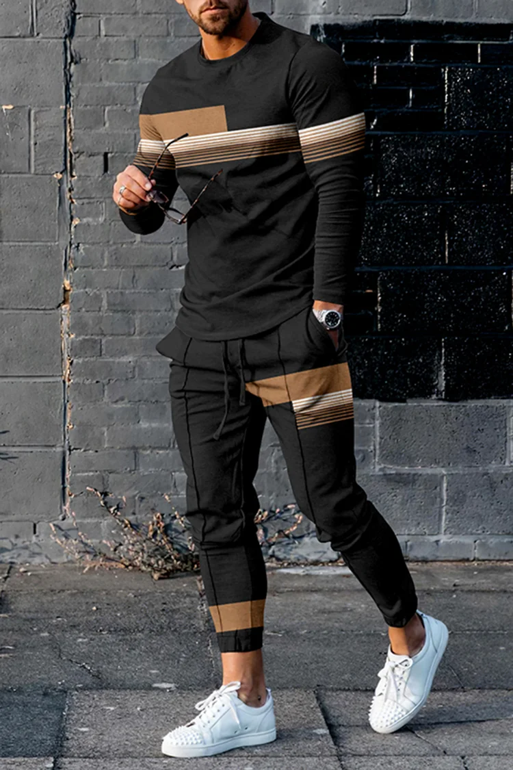 Tiboyz Khaki Stripes Contrast Casual Black T-Shirt And Pants Co-Ord