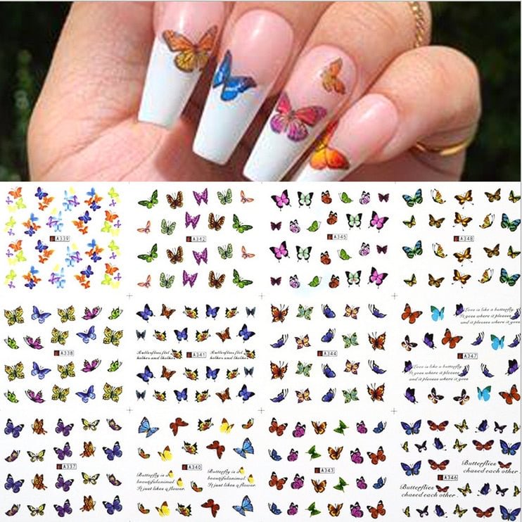 12Pcs/Set Nail Stickers Water Transfer Butterfly Pattern Designs Nail Decal Decoration Tips For Beauty Salons
