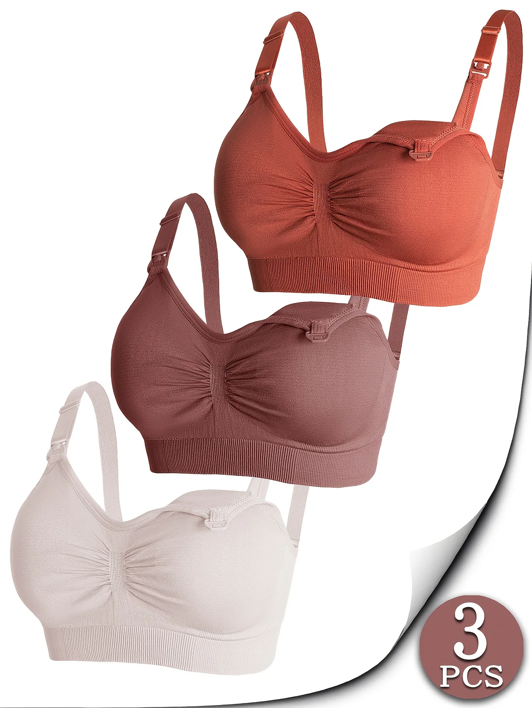 3pcs Women's Maternity Nursing Bras - Comfortable Sleep Support, Beige & Light Pink, Removable Pads, Stretch Nylon Fabric, Adjustable Straps For Postpartum Breastfeeding | IFYHOME