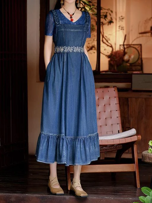 Women's Denim Embroidered Sleeveless Off-shoulder Maxi Dress