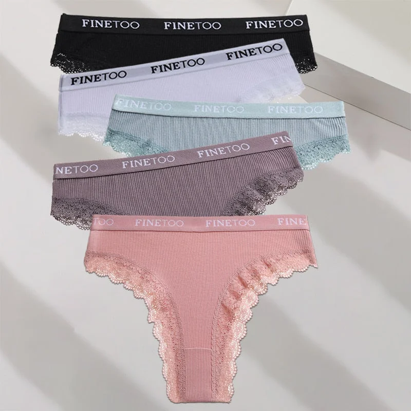 FINETOO 5PCS/Set M-XXL Cotton Panties Women's Letter Thong  Girls Brazilian Panty Sexy Lace Underwear For Woman Lingerie Bikini