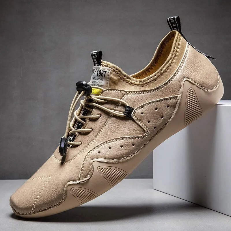 Men's Leather Breathable Handmade Soft Casual Driving Shoes Elastic Band Loafers