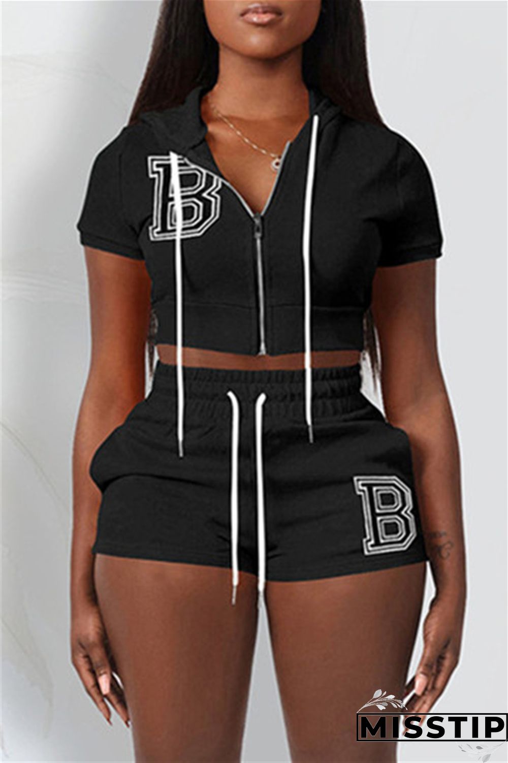Red Fashion Casual Letter Solid Embroidered Hooded Collar Short Sleeve Two Pieces