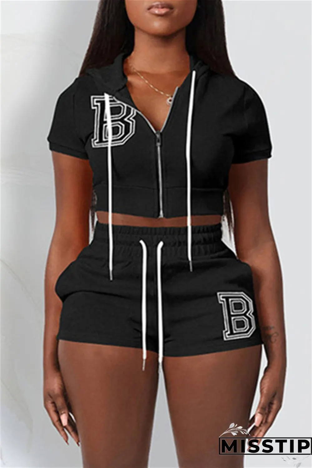 Red Fashion Casual Letter Solid Embroidered Hooded Collar Short Sleeve Two Pieces