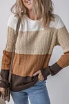 Women's Khaki Colorblock Round Neck Cable Knit Sweater