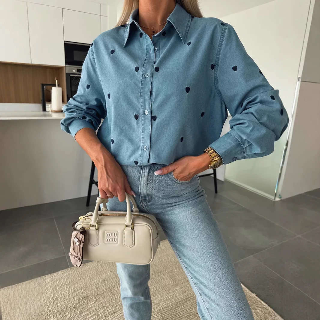 Women's Lapel Love Embroidery Single-breasted Denim Shirt