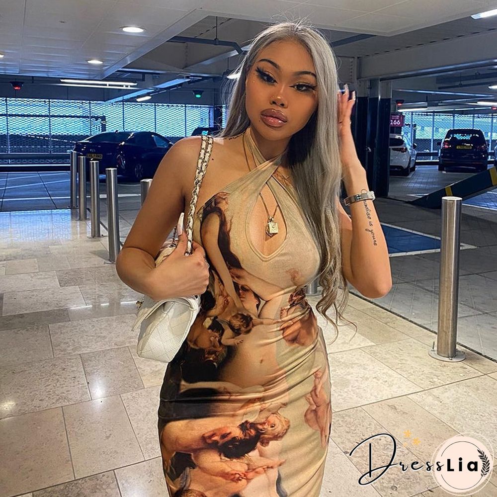 Women Summer Halter V Neck Sleeveless Printed Bodycon Party Mini Dress Female Clothing Streetwear