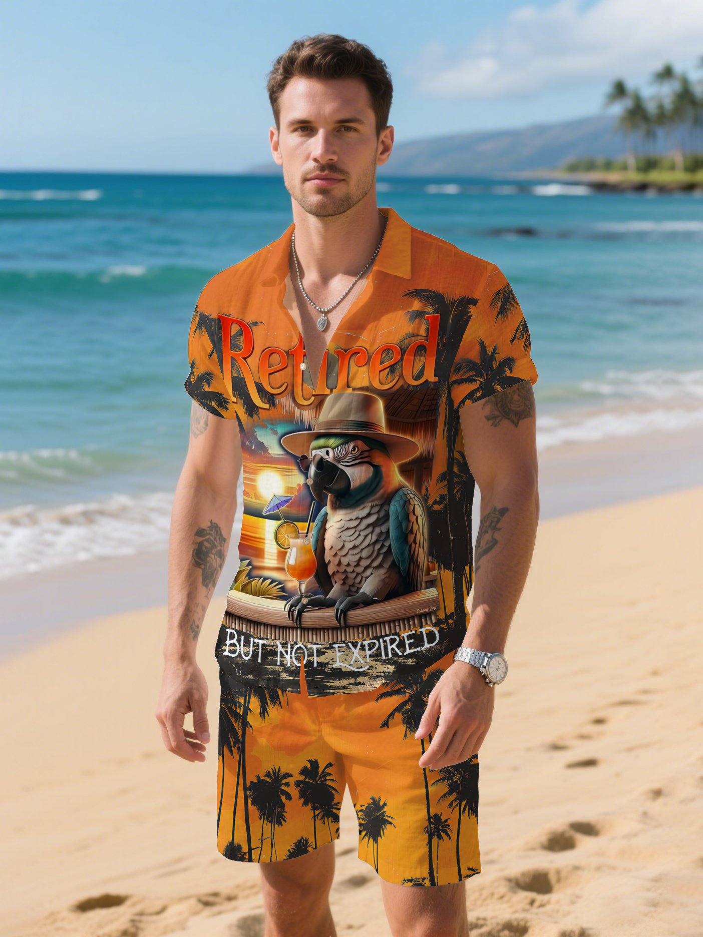 Attractive Hawaiian casual vacation parrot beer shirt shorts set PLUSCLOTHESMAN