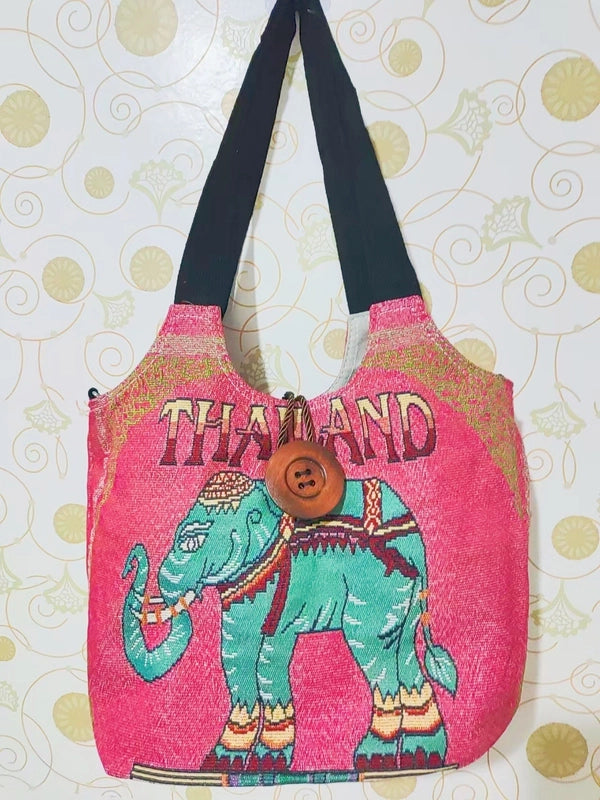 Women’s Large Canvas Elephant Ethnic Style Square Zipper Shoulder Bag