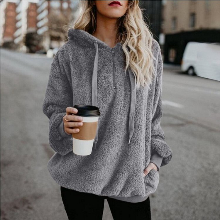 Women's Trendy Long-sleeved Hooded Hoodies Solid Color Women's Fleece Sweatshirt Jacket Women Streetwear