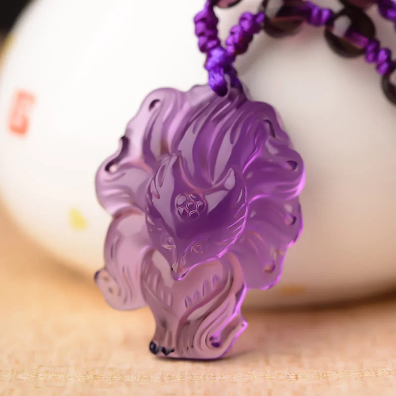 Natural Amethyst White Crystal Citrine Nine Tailed Fox Luck Necklace Pendant