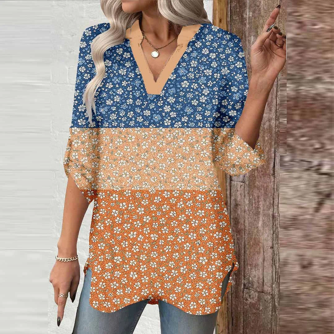 Women Floral,Patchwork DZGA0012 3/4 Sleeve V-neck Printed Graphic Button Tops