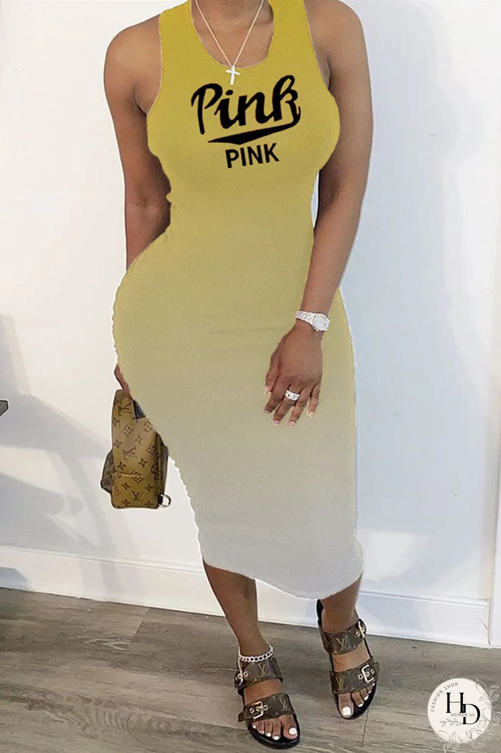 Rose Red Fashion Casual Gradual Change Letter Print Basic U Neck Vest Dress