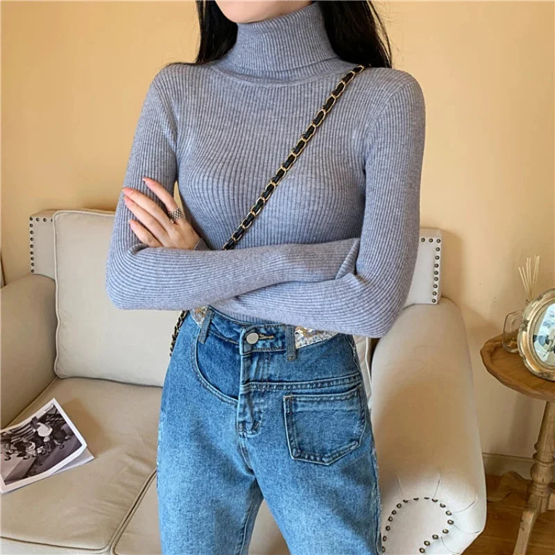 Oocharger Turtleneck Women Sweater Fall Long Sleeve Female Basic Knitted Jumper High Elastic Simple Solid Color Tops Dropshipping