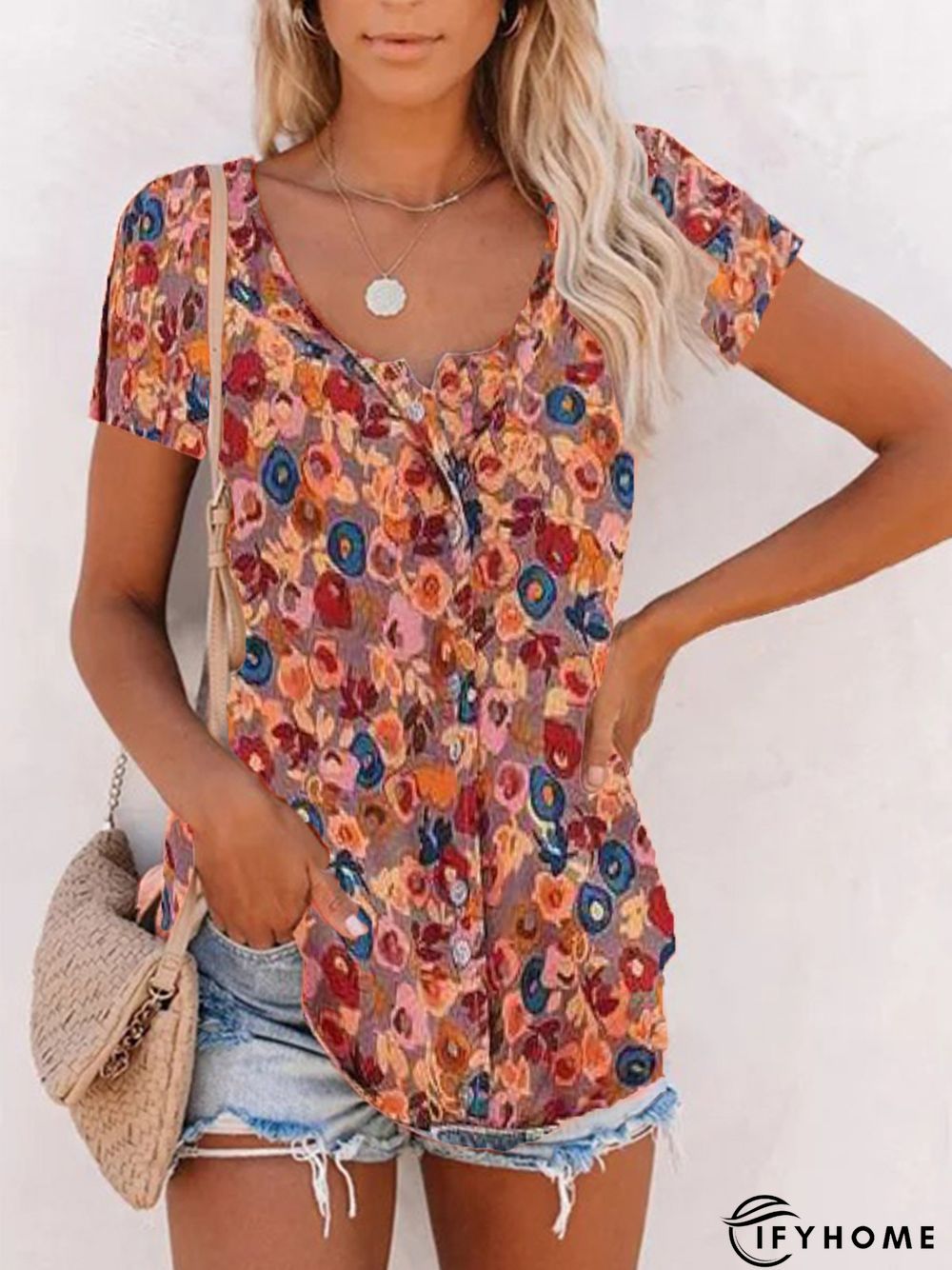 Short Sleeve Vintage Cotton Printed Tops | IFYHOME