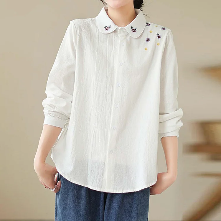 Vintage Flower Embroidery Lapel Button Down Casual Shirt