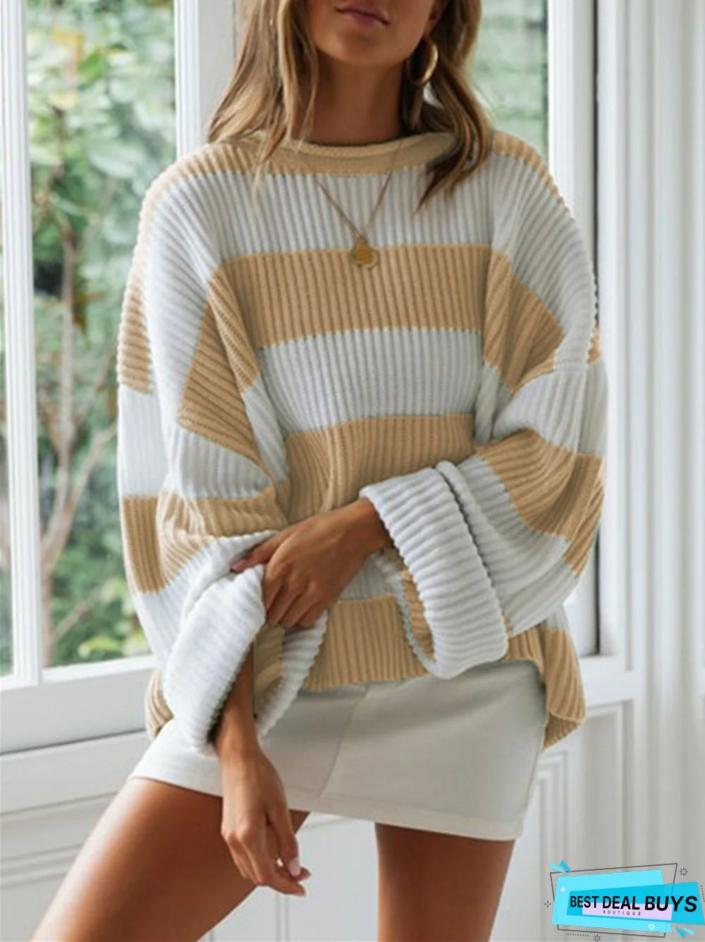 Round Neck Stripe Color Matching Knit Sweater