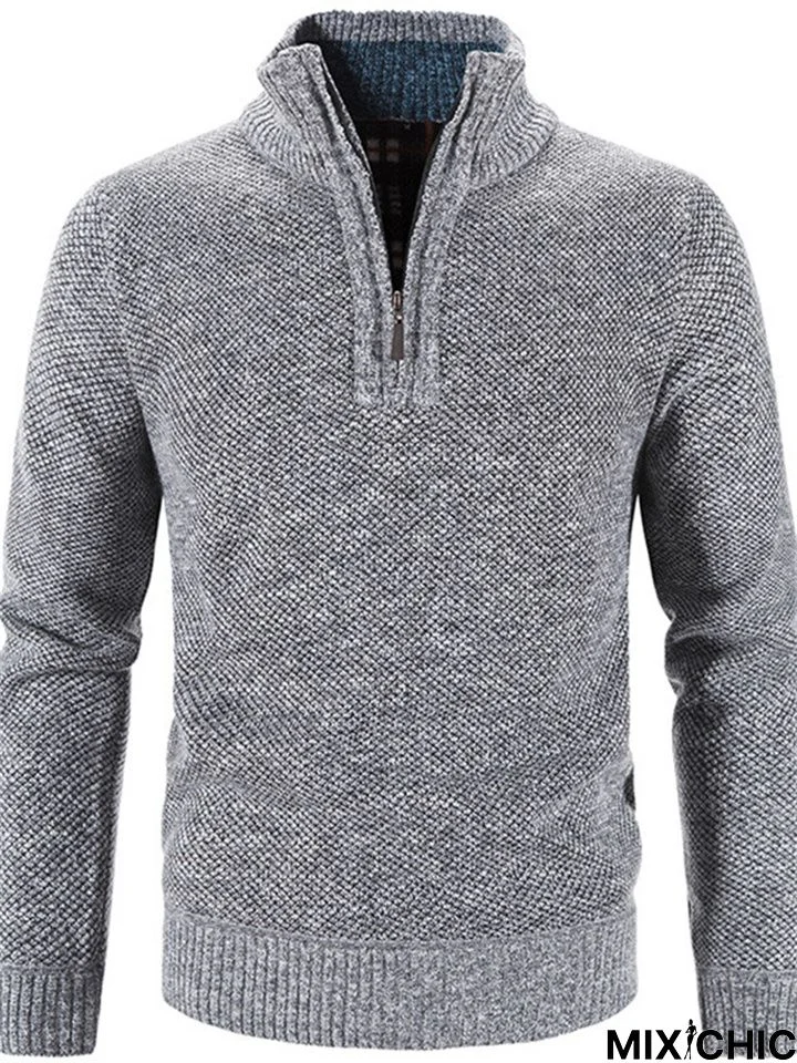 Men's Stand Collar Half Zipper Pullover Solid Color Knitting Sweater