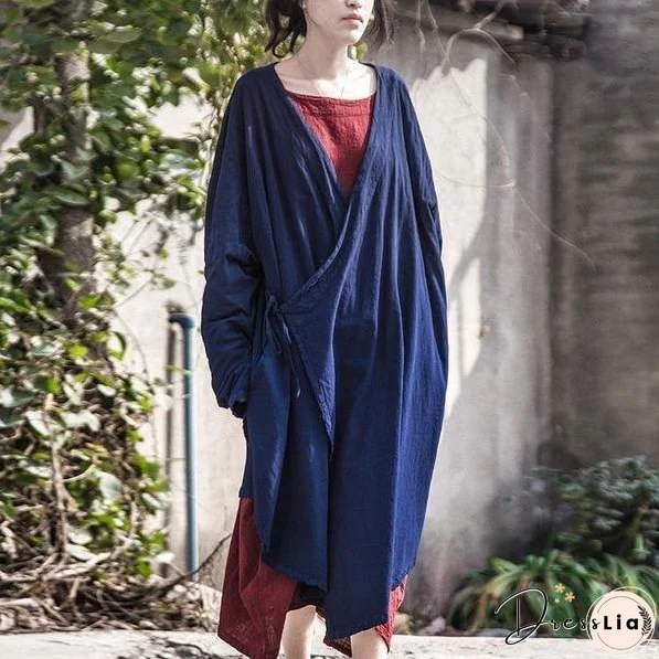 Women Cotton Linen Bandage Trench Coat V-Neck Vintage Cardigan Irregular Clothes Trench