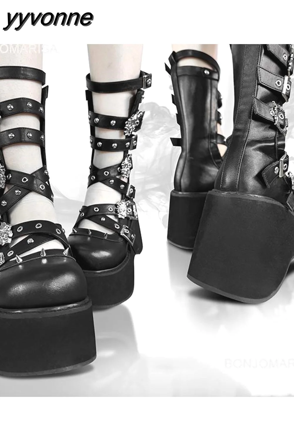 yyvonne Women Goth Platform Mid Calf Boots Wedges Heeled Cospaly Autumn Combat Boots Design Luxury Motorcycle Boots Shoes