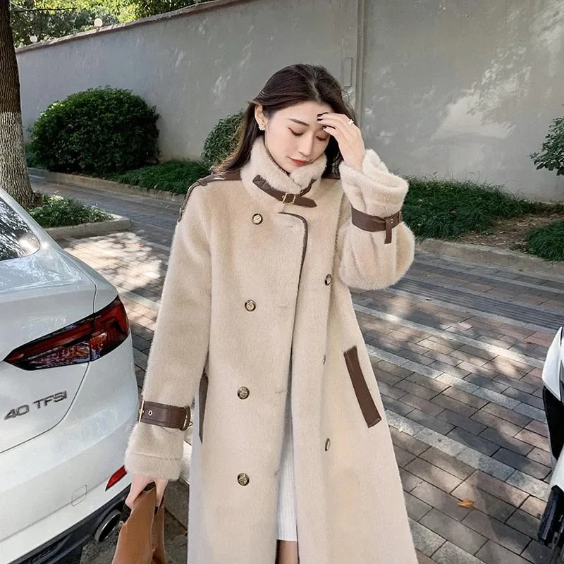 2023 Winter Long Warm Thick Faux Fur Coat Women with Belt Loose Casual Stylish Korean Fashion Jackets Double Breasted Overcoat