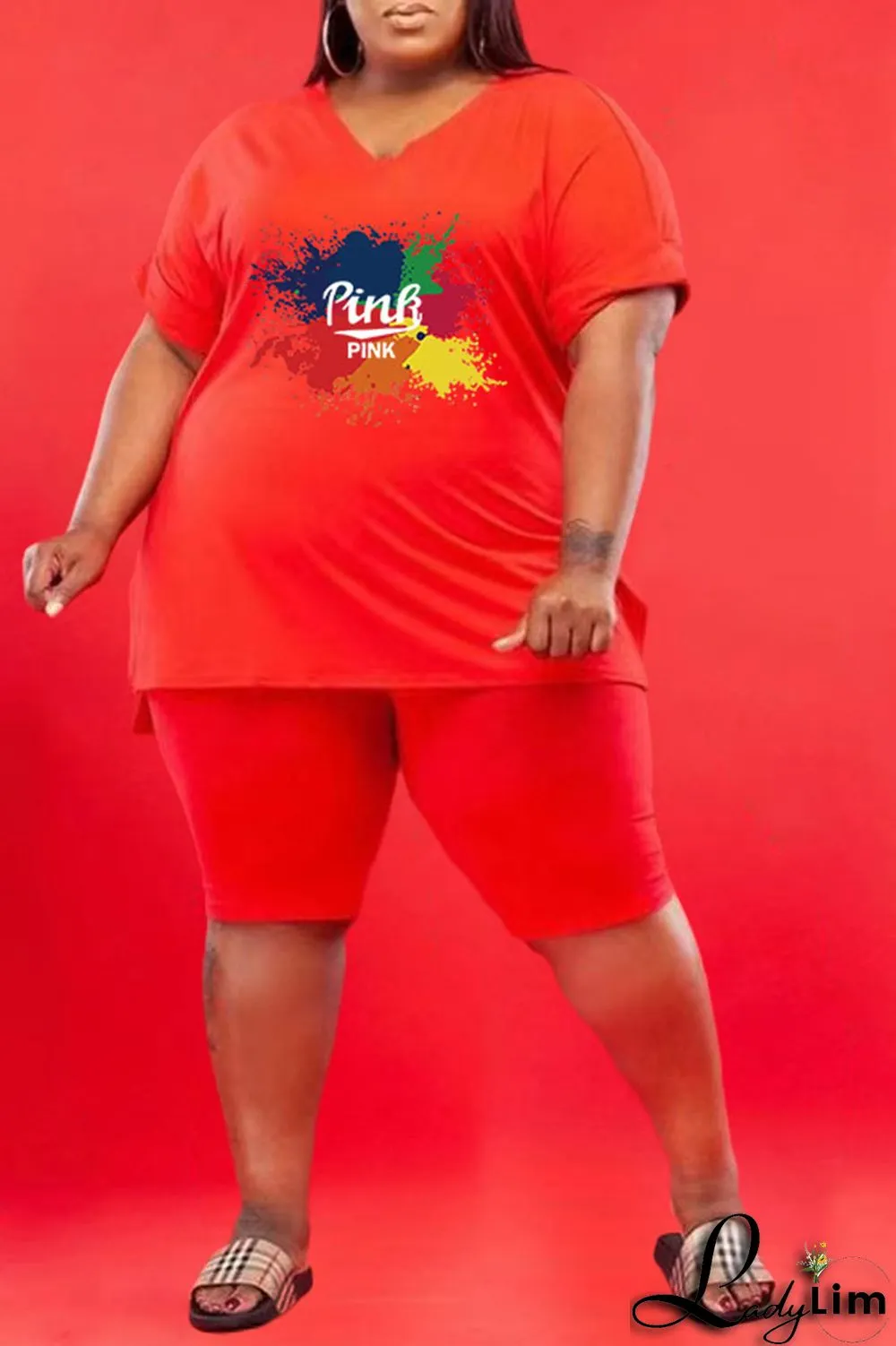 Red Casual Print V Neck Plus Size Two Pieces