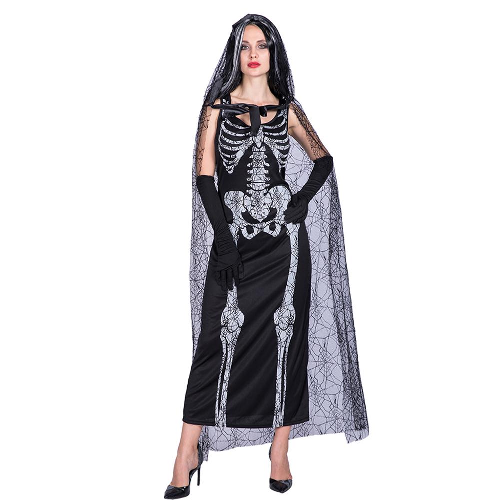

Halloween Ghost Bride Maxi Dress Skull Print Mesh Hooded Party Cape Cloaks, 501 Original