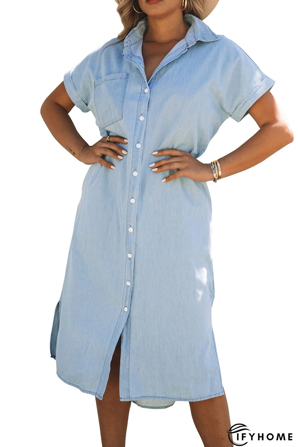 Sky Blue Chambray Shirt Short Sleeves Midi Dress | IFYHOME