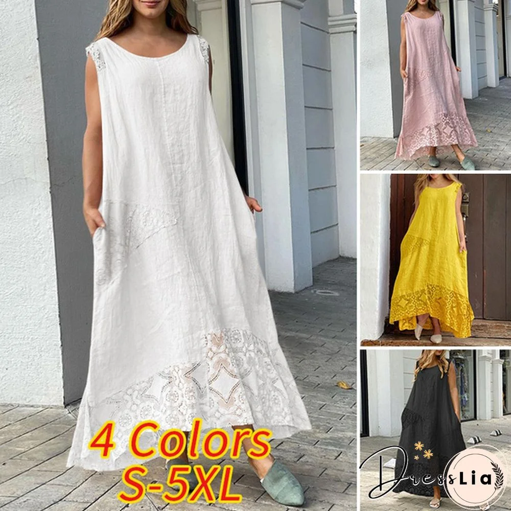 Women Summer Sleeveless Lace Crochet Patchwork Long Dresses Casual Holiday Plain Tank Dress Sundress Vestidos Plus Size