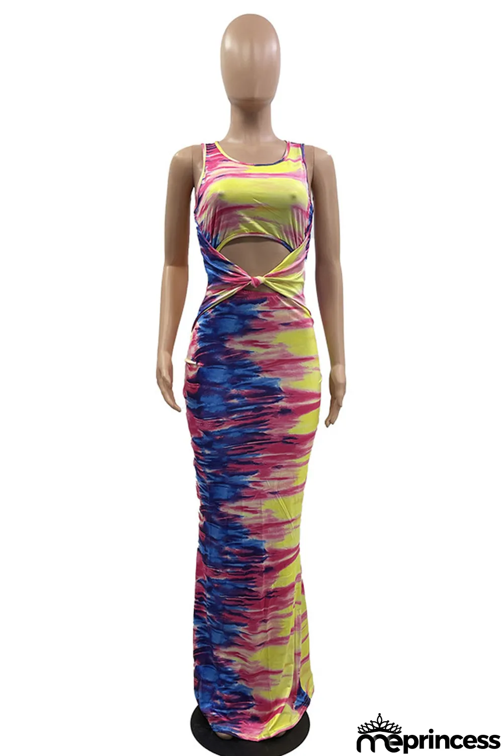 Multicolor Sexy Print Hollowed Out Patchwork O Neck One Step Skirt Dresses