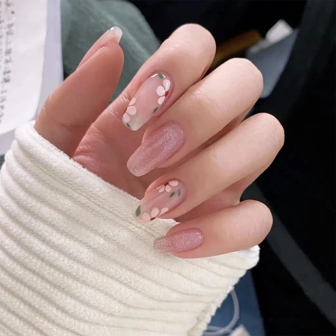 24pcs Pink Butterfly Pattern Fake Nails Full cover Fake Nails Glue DIY Manicure Nail Art Tools-Nail Inspo