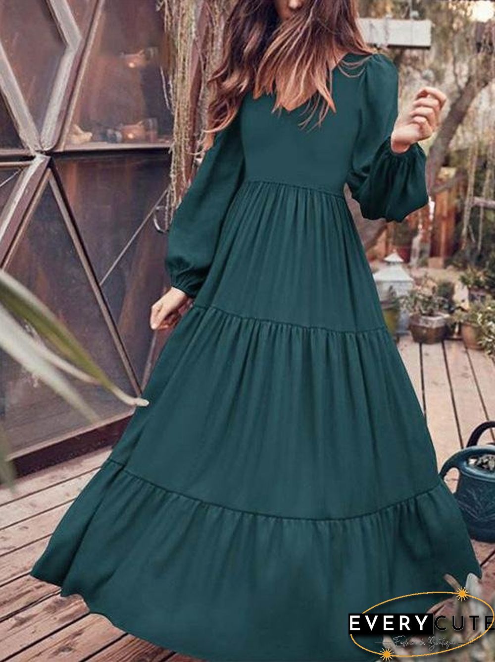 Temperament V-Neck Long Sleeve Flowy Dress