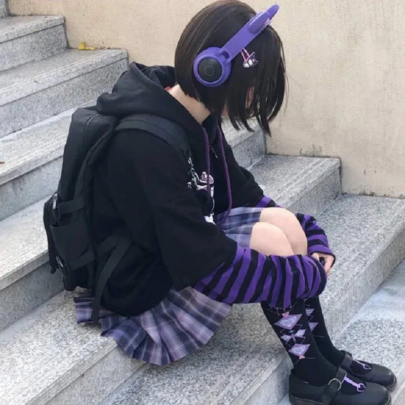 Cartoon Long  Striped Sleeve Anime Hoodies Women Hip Hop Harajuku Kawaii Pullover Autumn Winter Loose Vintage Hooded Sweatshirt