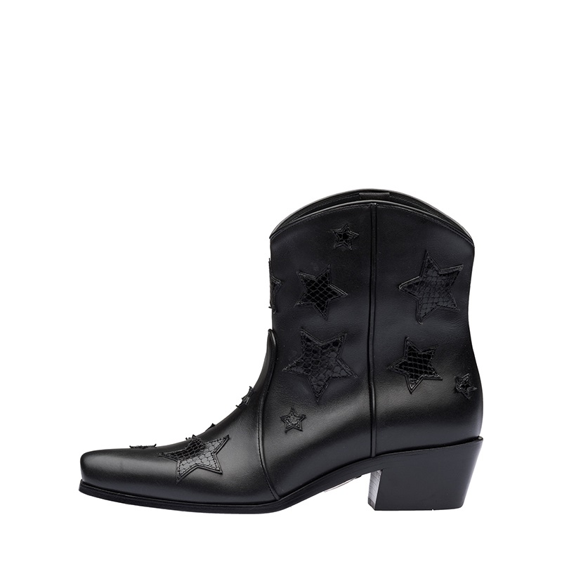 Black Stars Block Heel Ankle Western Booties