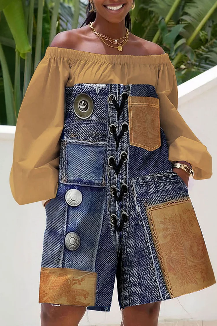 Xpluswear Design Plus Size Daily Khaki Casual All Over Print Off The Shoulder Long Sleeve Pocket Contrast Rompers [Pre-Order] 2024 - Xpluswear