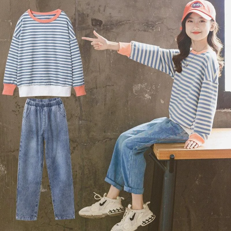 New Autumn Spring Girls Clothing Suits Pullover Kids Colored Cotton Sweatshirt Tracksuit Sport Suits Outwear Jean Pants