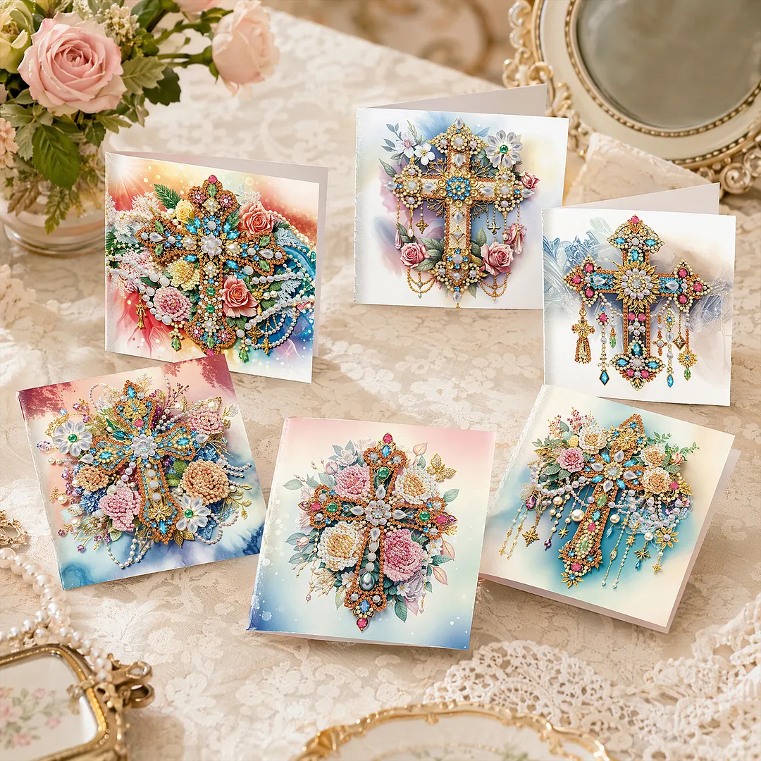6pcs Cross DIY Diamond Painting Greeting Card Kits with Envelopes Diamond Art Greeting Cards Diamond Art Cards Kits for Adults DIY Crafts Family Friend Gifts