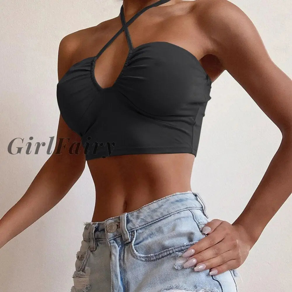 Girlfairy New Sexy Cut-Out Crop Tops For Women Backless Tip Up Halter Fashion Bandage Sleeveless