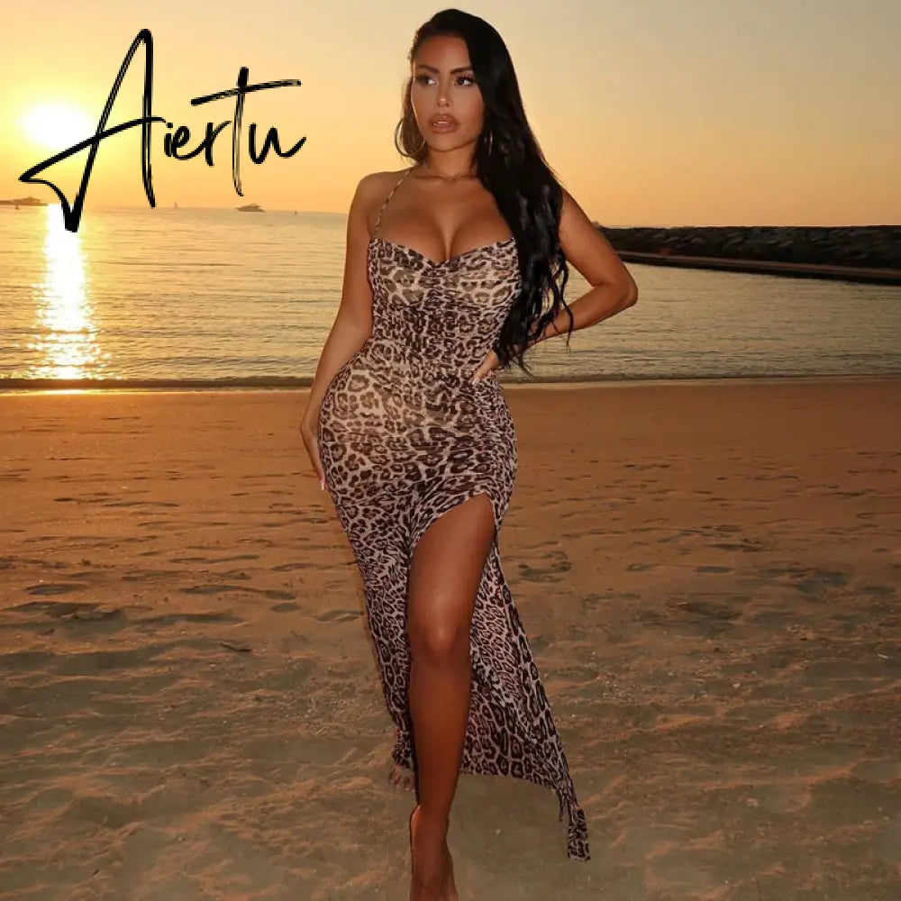 Aiertu Sleeveless Leopard Print Slit Sexy Maxi Dress Summer Women Backless Bandage Party Elegant Y2K Clothing Aiertu