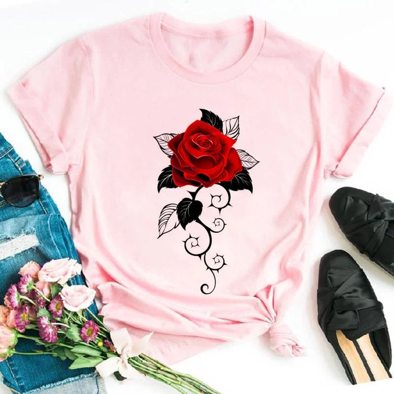 New Fashion Women Black T Shirt Red Rose Musical Note Printed T Shirt Harajuku Cute Graphic Tee Shirt Female Ladies Casual Tops